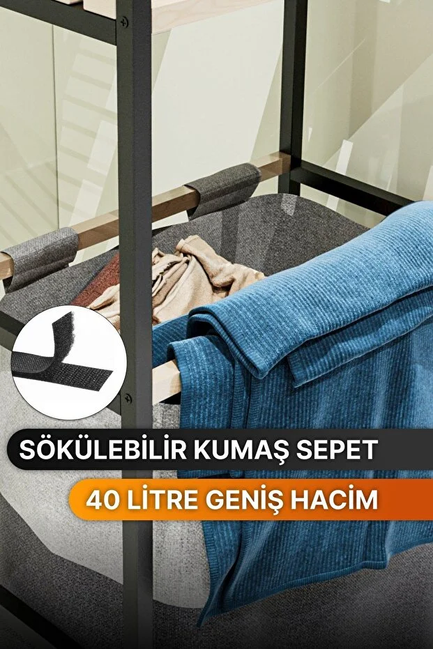 Çamaşır Sepeti Ahşap Raflı Kirli Sepeti 2 Katlı Büyük Boy Kapaklı Çok Amaçlı Banyo Düzenleyici